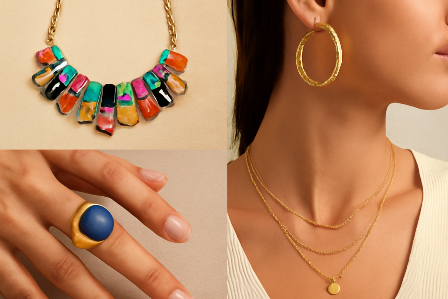A close-up image of a curated collection of stylish, affordable jewelry. Featured items include a multicolored chunky necklace, a bold blue-stone gold ring, textured gold hoop earrings, and a layered gold necklace