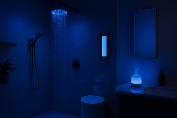 A luxurious modern bathroom illuminated by soothing blue ambient lighting, featuring a rainfall showerhead with LED-lit water streams, a sleek black hand shower, a digital wall panel.