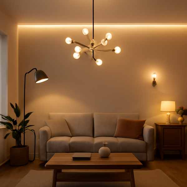 A cozy, modern living room illuminated by warm lighting, featuring a light gray tufted sofa with accent pillows and a textured throw blanket. A brass-finished chandelier hangs overhead, complemented by a wall-mounted sconce and a floor lamp.