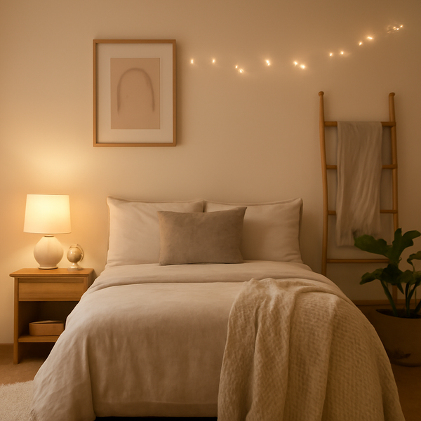 A cozy Scandinavian-inspired bedroom with neutral tones, featuring soft bedding, a throw blanket, and a woven rug. Warm lighting from a table lamp and fairy lights creates a serene atmosphere.