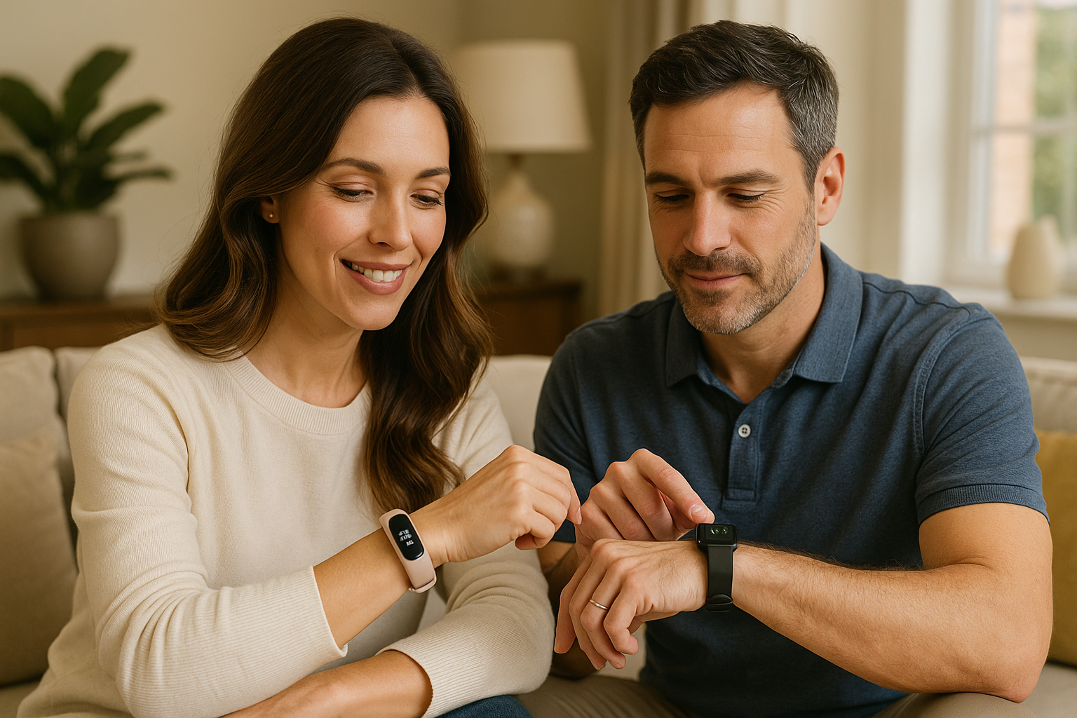 Smiling couple sitting together on a beige sofa in a warm, modern living room, both wearing fitness trackers and gently tapping the screens, with soft natural light coming through the window and neutral home décor in the background.