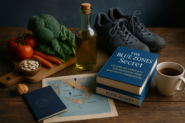 Healthy living flat lay: tomatoes, broccoli, carrots, olive oil, tea, trainers, and “The Blue Zones Secret” books on a wooden table with a world map.