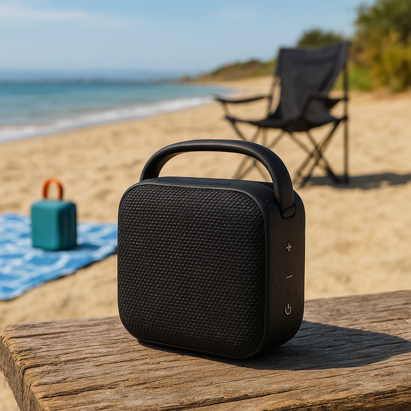 A black portable Bluetooth speaker with a textured surface sits on a wooden bench at a sunny beach, with another teal speaker, a camping chair, and the ocean visible in the background.