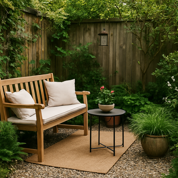 A cozy garden corner featuring a wicker chair with cushions, surrounded by lush green plants, string lights, and soft evening sunlight creating a peaceful outdoor atmosphere.