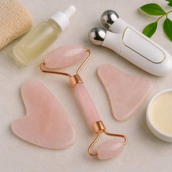 A close-up photo of skincare tools arranged neatly on a light marble surface, featuring a rose quartz facial roller, two gua sha stones, a white and gold microcurrent device, a dropper bottle of serum