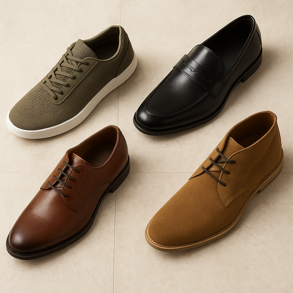 A stylish flat lay of four pairs of men’s shoes arranged on a wooden surface, featuring brown leather dress shoes, black loafers, white sneakers, and tan suede boots, each representing a balance of comfort