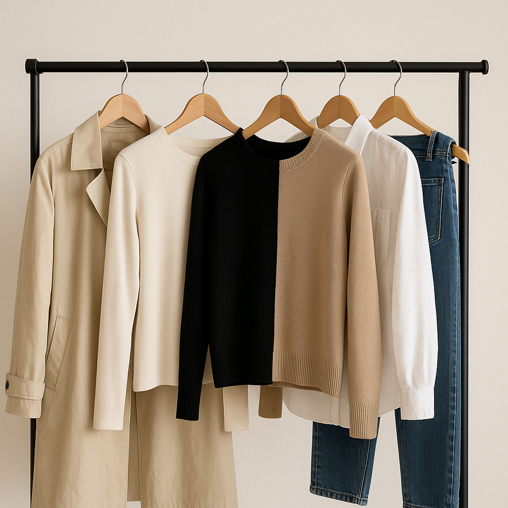 A minimalist capsule wardrobe setup featuring a beige trench coat, neutral sweaters, a white shirt, and blue jeans neatly hung on a black metal clothing rack against a light background, illuminated by soft natural light.