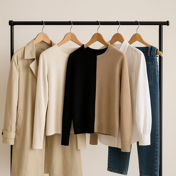 A minimalist capsule wardrobe setup featuring a beige trench coat, neutral sweaters, a white shirt, and blue jeans neatly hung on a black metal clothing rack against a light background, illuminated by soft natural light.