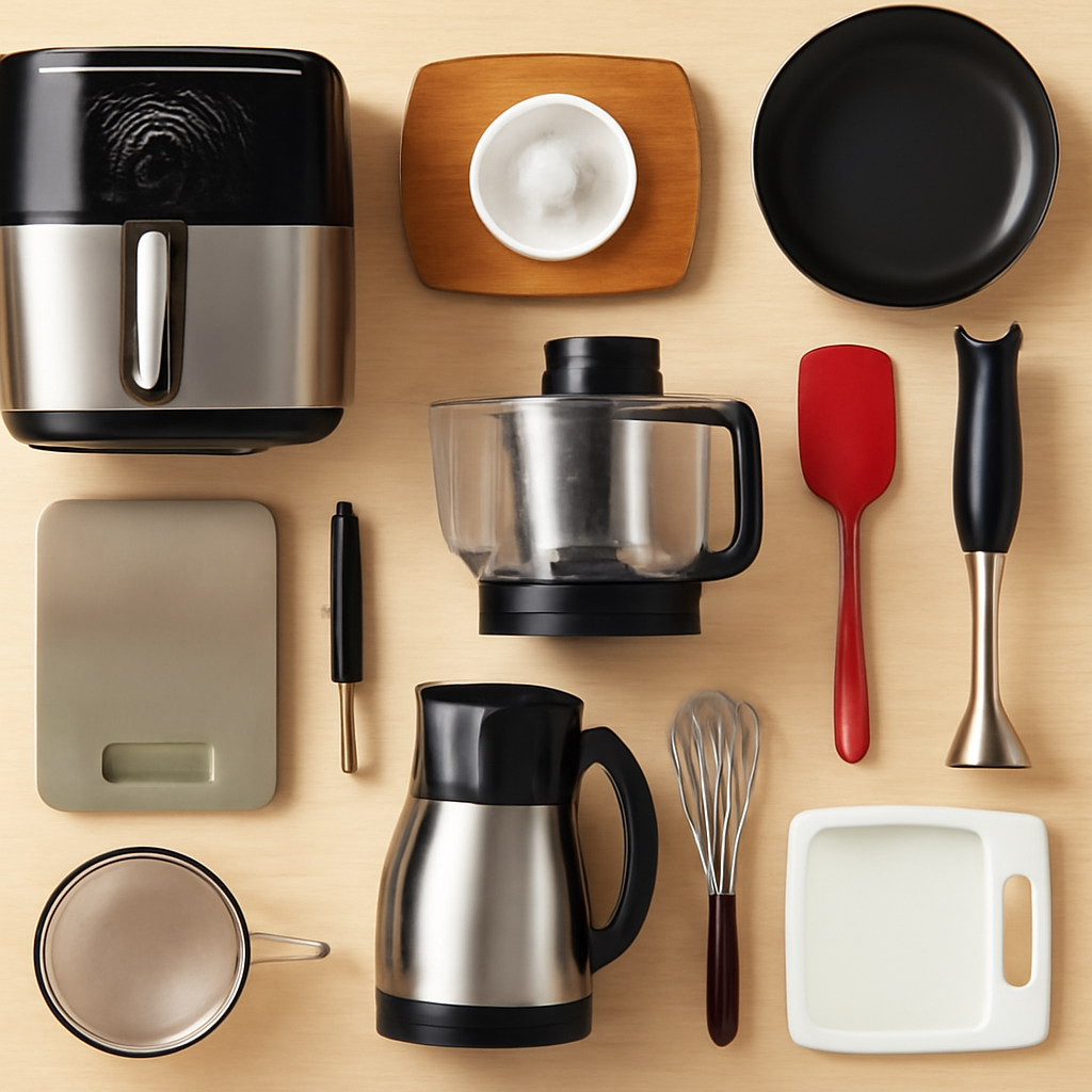 A neatly arranged overhead view of various kitchen gadgets on a light wooden surface. The image includes a digital air fryer, food processor, immersion blender, a stainless steel kettle, a digital scale, a whisk, silicone