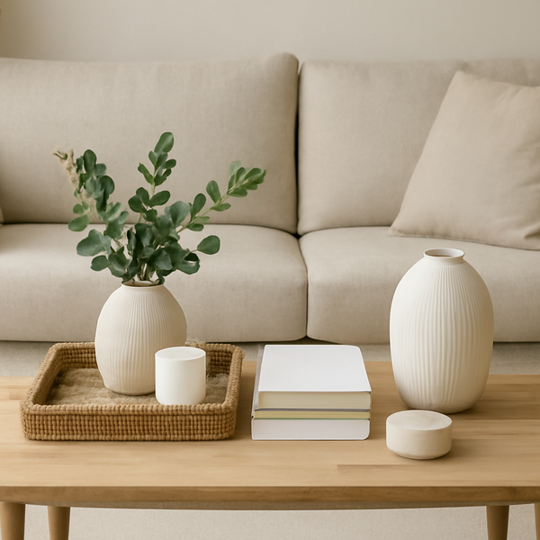 A beautifully styled living room featuring a light wooden coffee table with a natural grain, placed in front of a beige fabric sofa. The table is arranged with a woven tray containing a white vase with eucalyptus branches, a white candle holder
