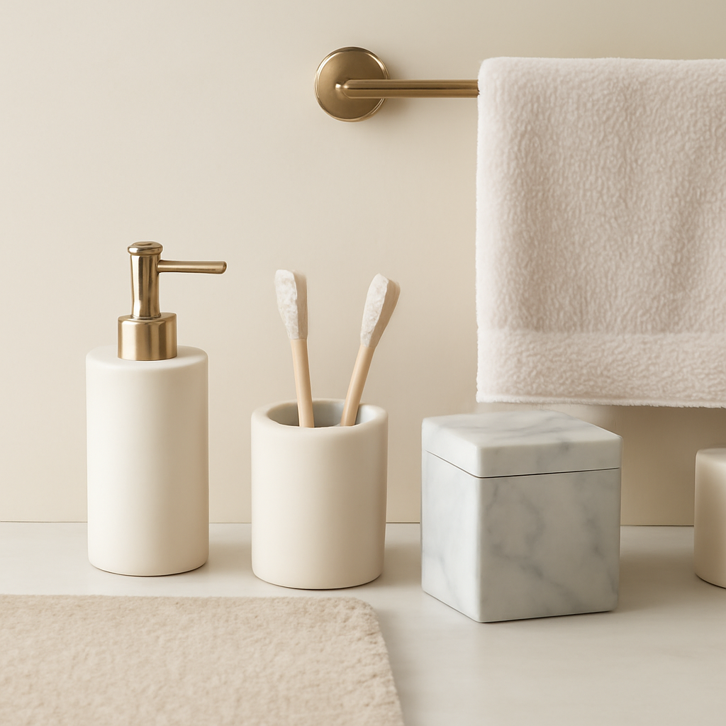 A refined bathroom countertop featuring luxury accessories, including a sleek soap dispenser with a brushed gold pump, a cylindrical toothbrush holder, a marble container, and a soft beige towel hanging on a gold