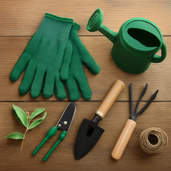 A top-down view of a rustic wooden surface featuring a collection of essential gardening tools in earthy tones. Included are green gardening gloves, a matte green watering can, pruning shears, a hand trowel, a hand cultivator