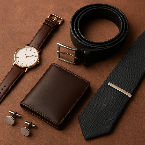 A flat lay of men’s accessories including a classic wristwatch, leather belt, cufflinks, tie with a tie clip, and a sleek leather wallet arranged neatly on a wooden surface.