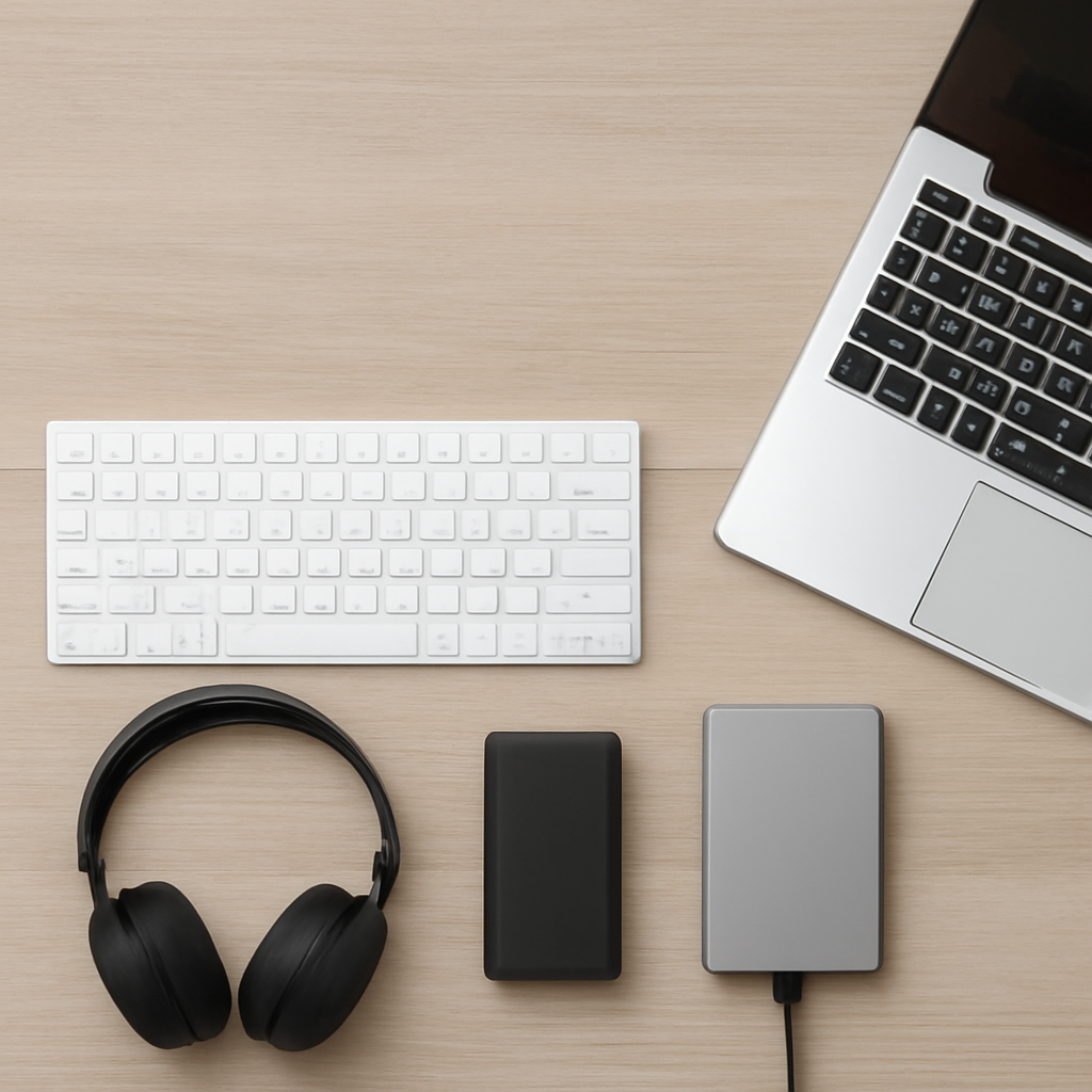 A top-down view of a sleek, light wooden surface displaying an assortment of tech accessories. The image features a silver laptop, a white wireless keyboard, black noise-cancelling headphones, a black portable