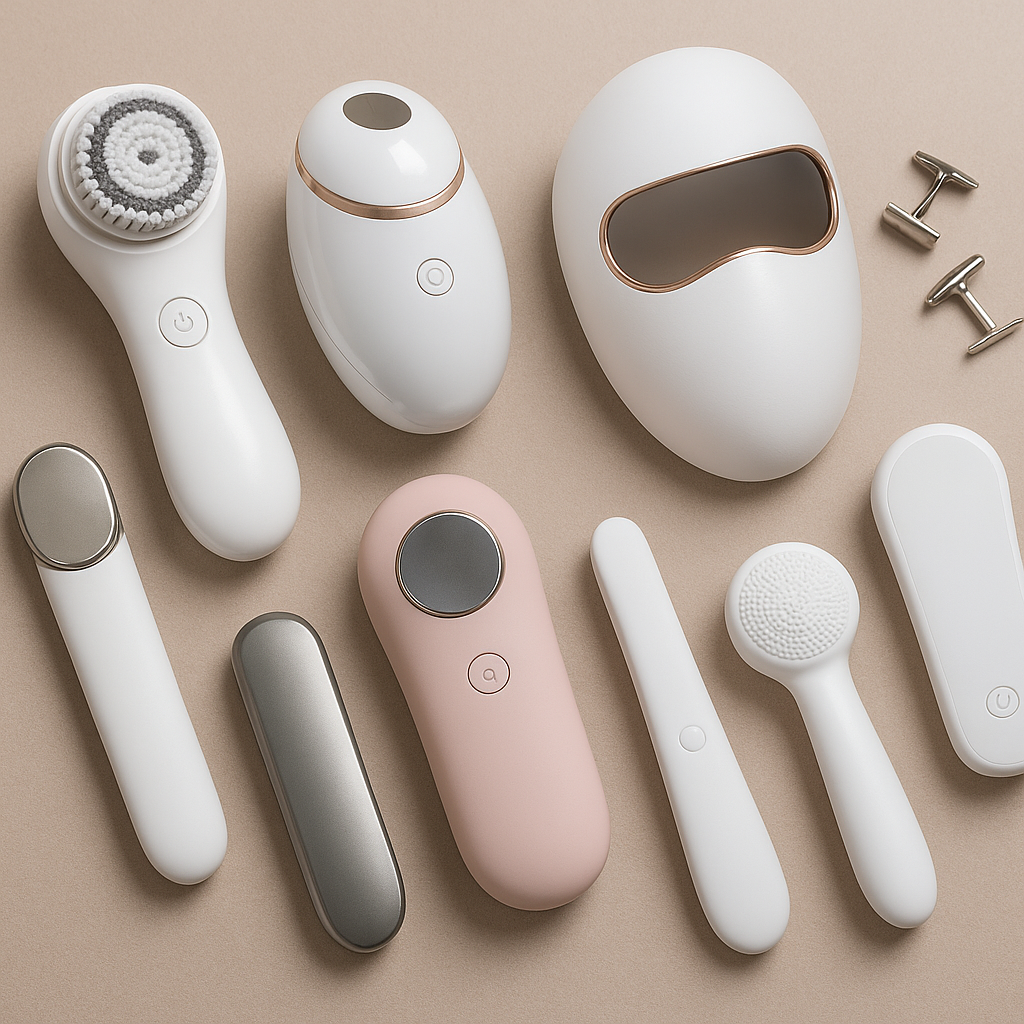 A high-resolution photograph displaying various smart beauty devices, including facial cleansing brushes, app-connected skincare gadgets, and sleek AI-powered tools arranged on a clean vanity table.