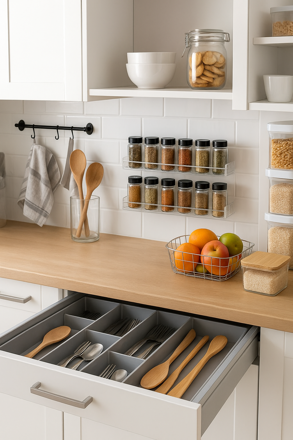 A minimalist kitchen featuring a wooden countertop with neatly arranged items, including a basket of colorful fruit, a spice rack with labeled containers, and a jar of sugar.