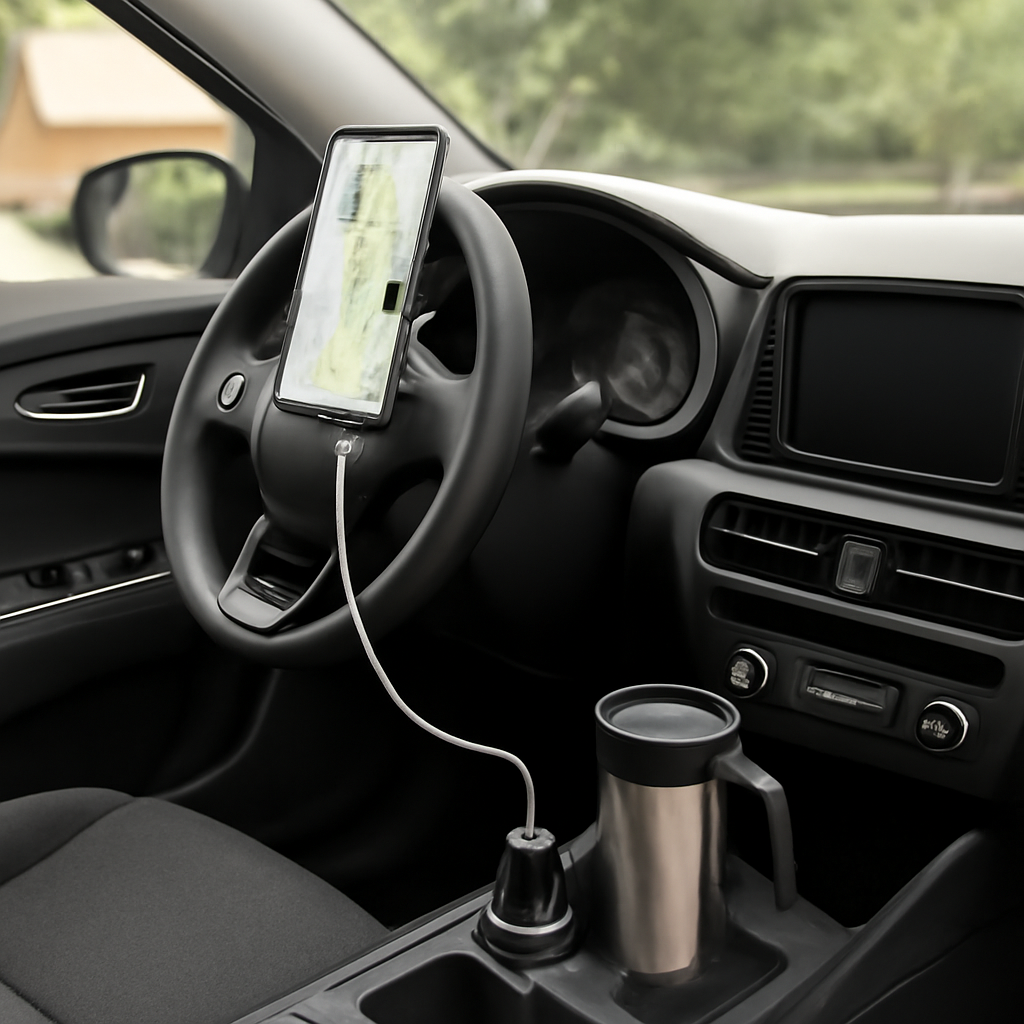 A close-up shot of the interior of a modern car, focusing on the driver's side. The image features a smartphone mounted on the steering wheel displaying GPS navigation, a travel mug resting in the center console, and sleek dashboard controls.