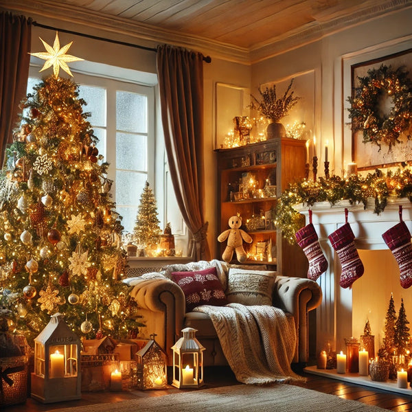 A cozy, beautifully decorated living room for Christmas, featuring a large Christmas tree with ornaments, lights, and a star on top. The room includes