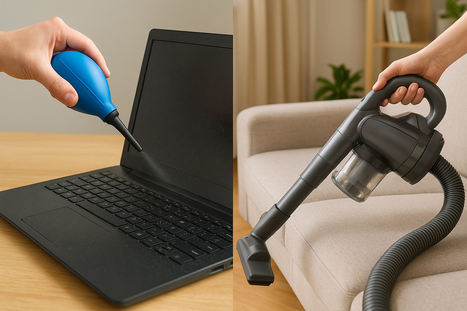 A split image showing two cleaning methods: on the left, a hand uses a blue air blower to clean dust from a laptop keyboard