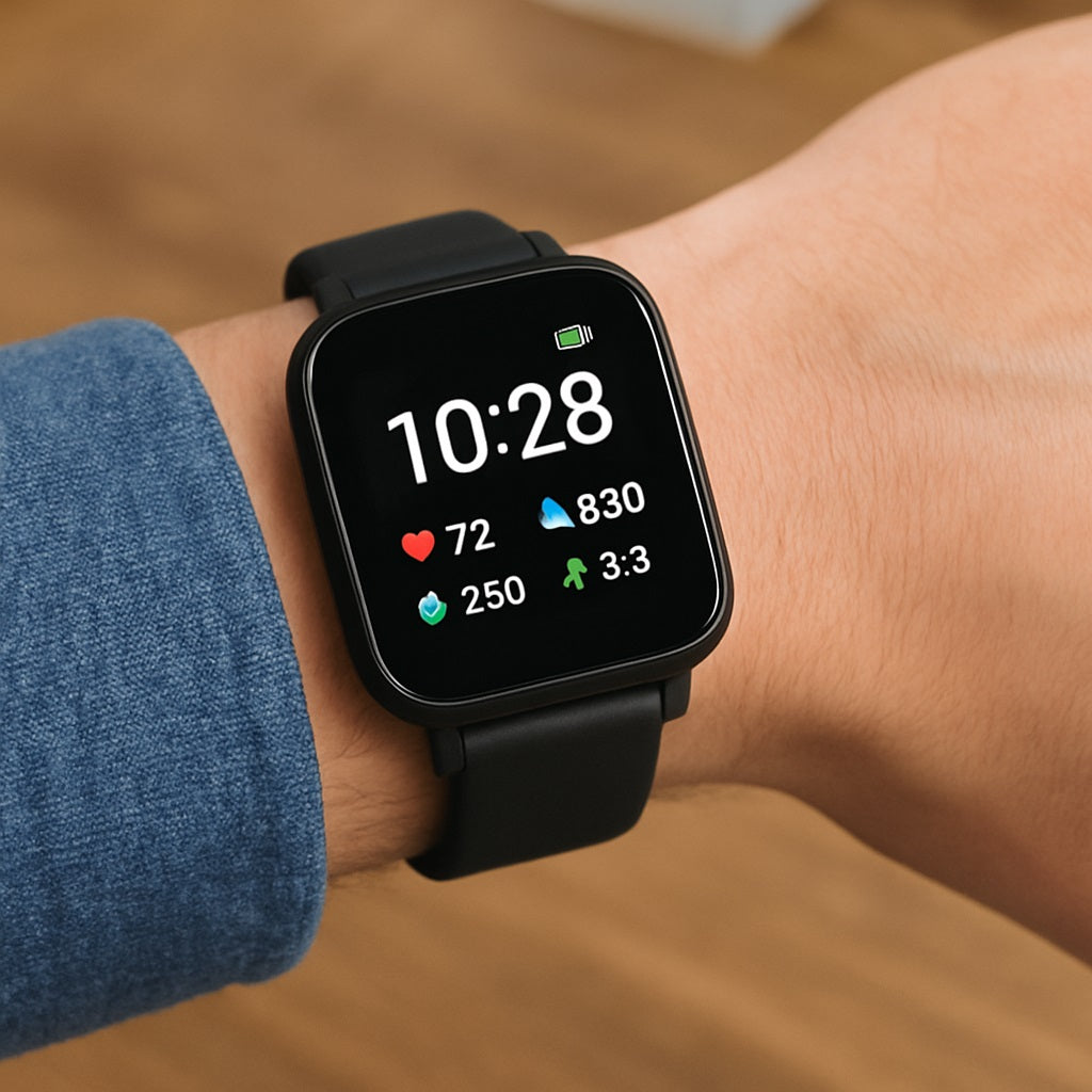 Close-up of a person’s wrist wearing a black square-faced smartwatch with a silicone band, displaying the