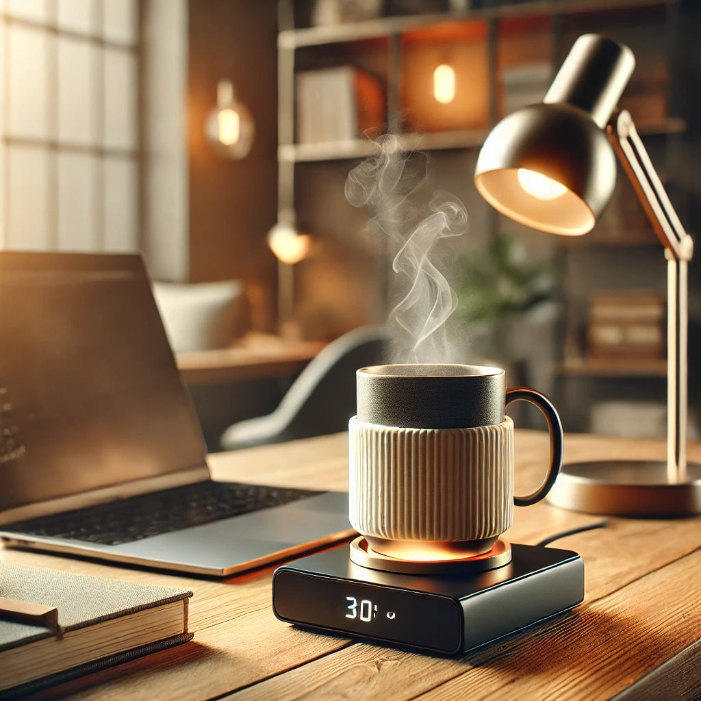 A high-quality, lifelike image of a modern workspace featuring a stylish coffee setup with a Portable Coffee Mug Cup Warmer in use. The scene includes