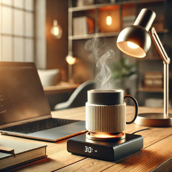 A high-quality, lifelike image of a modern workspace featuring a stylish coffee setup with a Portable Coffee Mug Cup Warmer in use. The scene includes