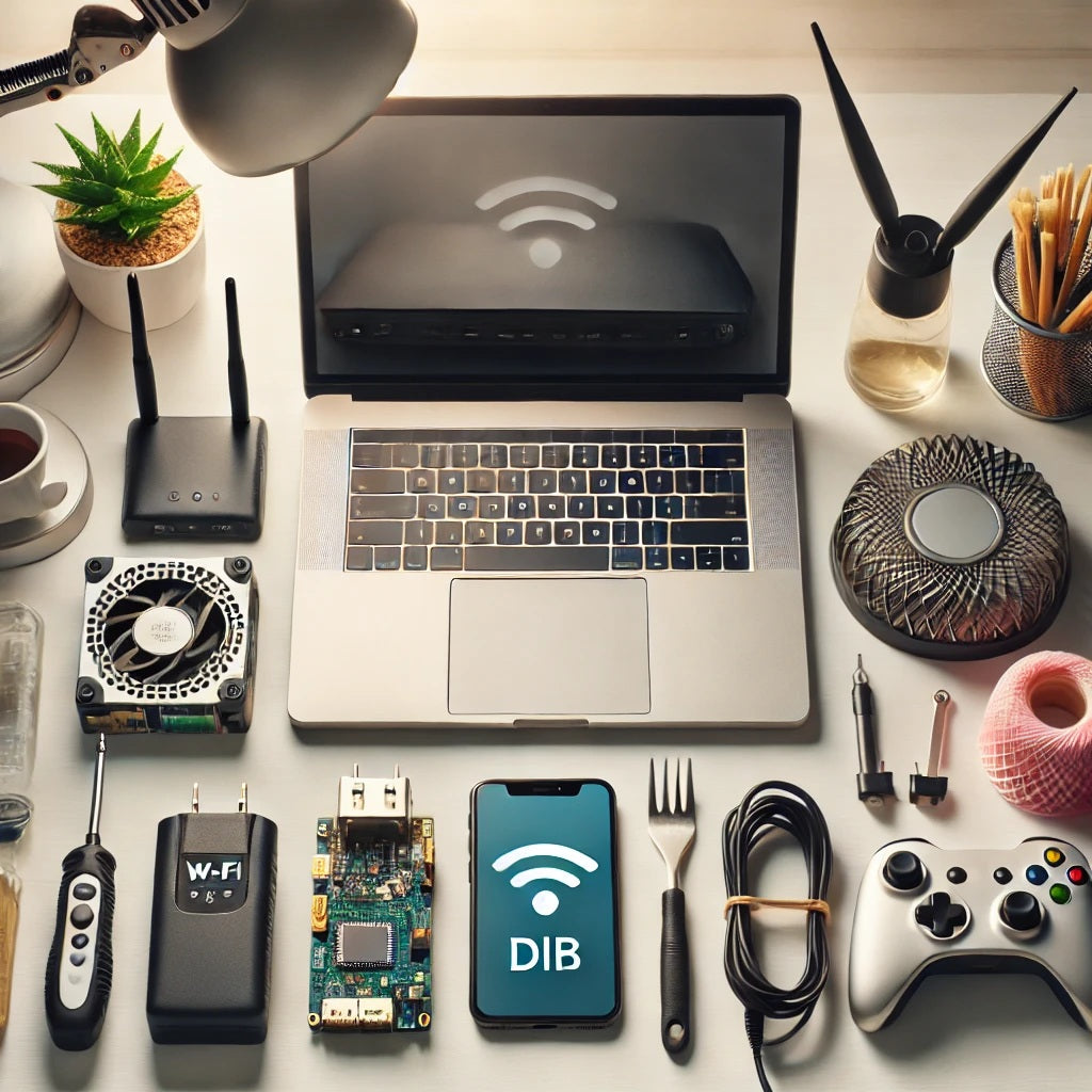 A modern and helpful blog photo representing DIY fixes for common tech issues. The image shows a well-organized workspace with essential gadgets, like