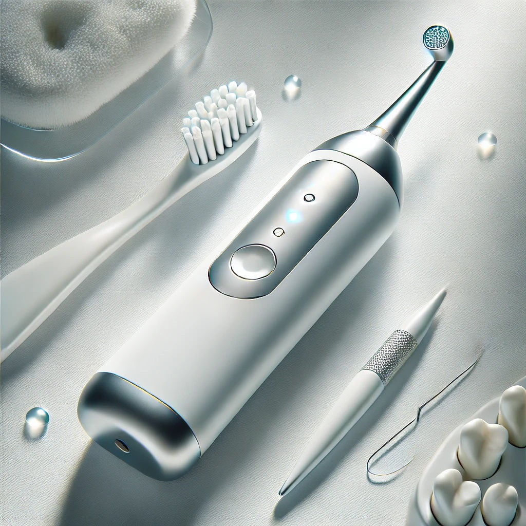 A high-quality, clean, and modern image showing a sleek dental cleaner on a white background with soft lighting. The dental cleaner is handheld with a