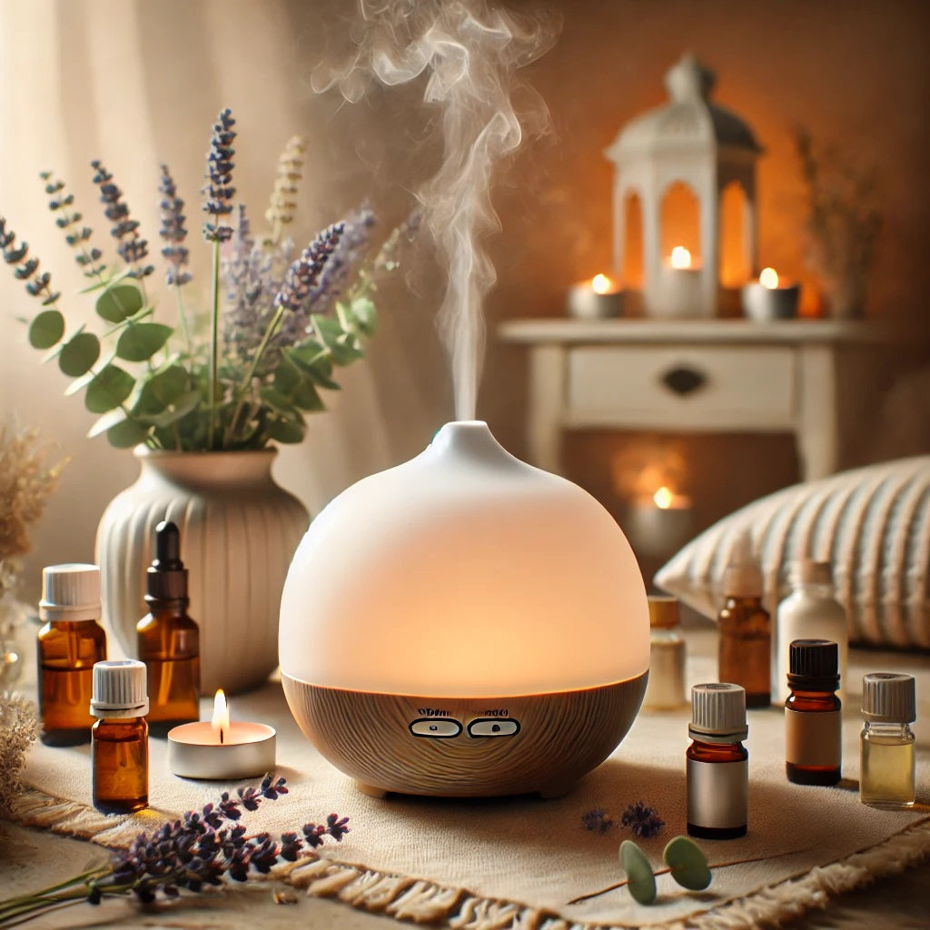 A serene and aesthetically pleasing blog photo of an essential oil diffuser in a cozy, spa-like setting. The diffuser is emitting a gentle mist