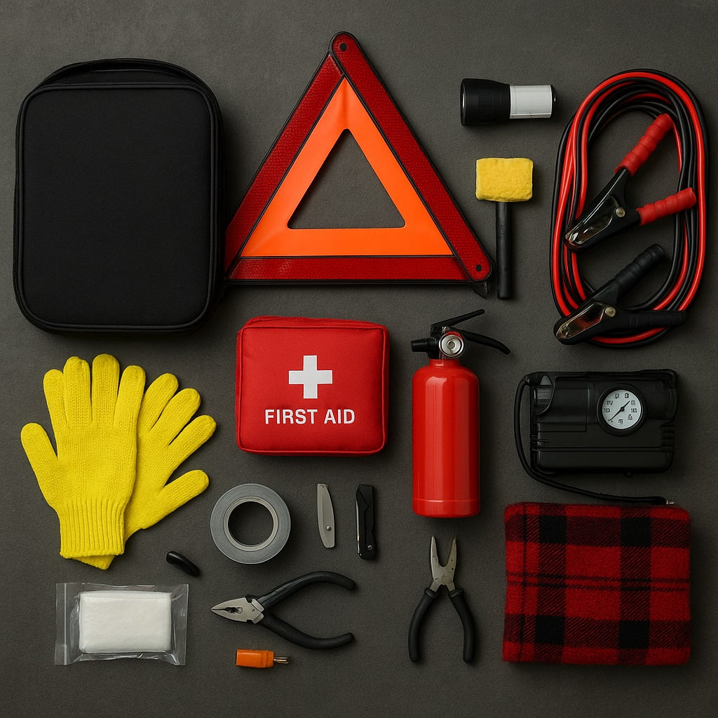 Flat lay of a comprehensive car emergency kit on a dark surface, including a black storage case, red reflective warning triangle, small flashlight, jumper cables, yellow gloves