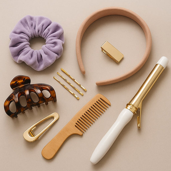 Flat lay of assorted hair styling accessories on a neutral beige surface, including pastel-colored scrunchies, gold and pearl hair clips, wide and narrow headbands