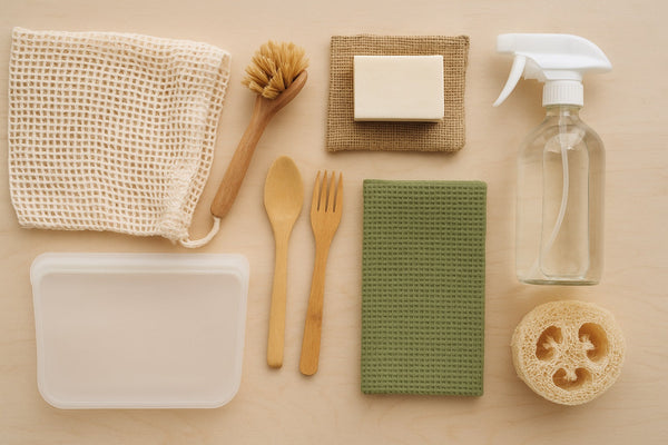 Flat lay of eco-friendly household products on a wooden surface, including a mesh produce bag, bamboo dish brush, bar soap on a jute pad, glass spray bottle, reusable silicone food bag, bamboo