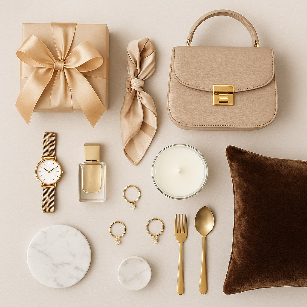 Flat lay of elegant beige and gold-themed accessories including a wrapped gift with a satin bow, a small beige handbag, a silk scarf, a wristwatch with a gold mesh strap, a perfume bottle