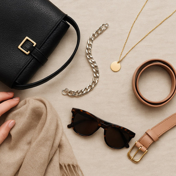 Flat lay of fashionable accessories on a beige fabric background, including a black leather handbag with gold buckle, silver chain bracelet, gold pendant necklace, tortoiseshell sunglasses