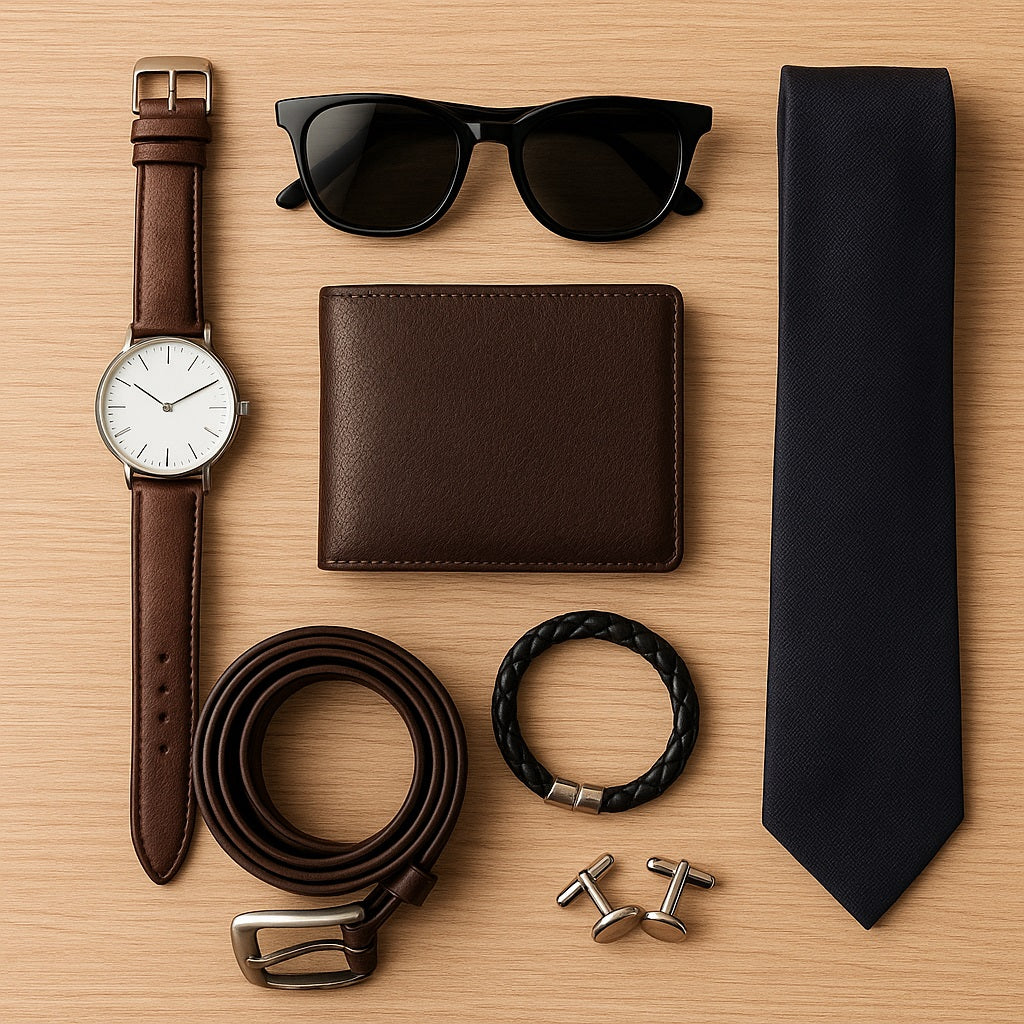 Flat lay of men’s accessories on a light wooden surface, including a brown leather strap wristwatch, black sunglasses, brown leather wallet, navy tie