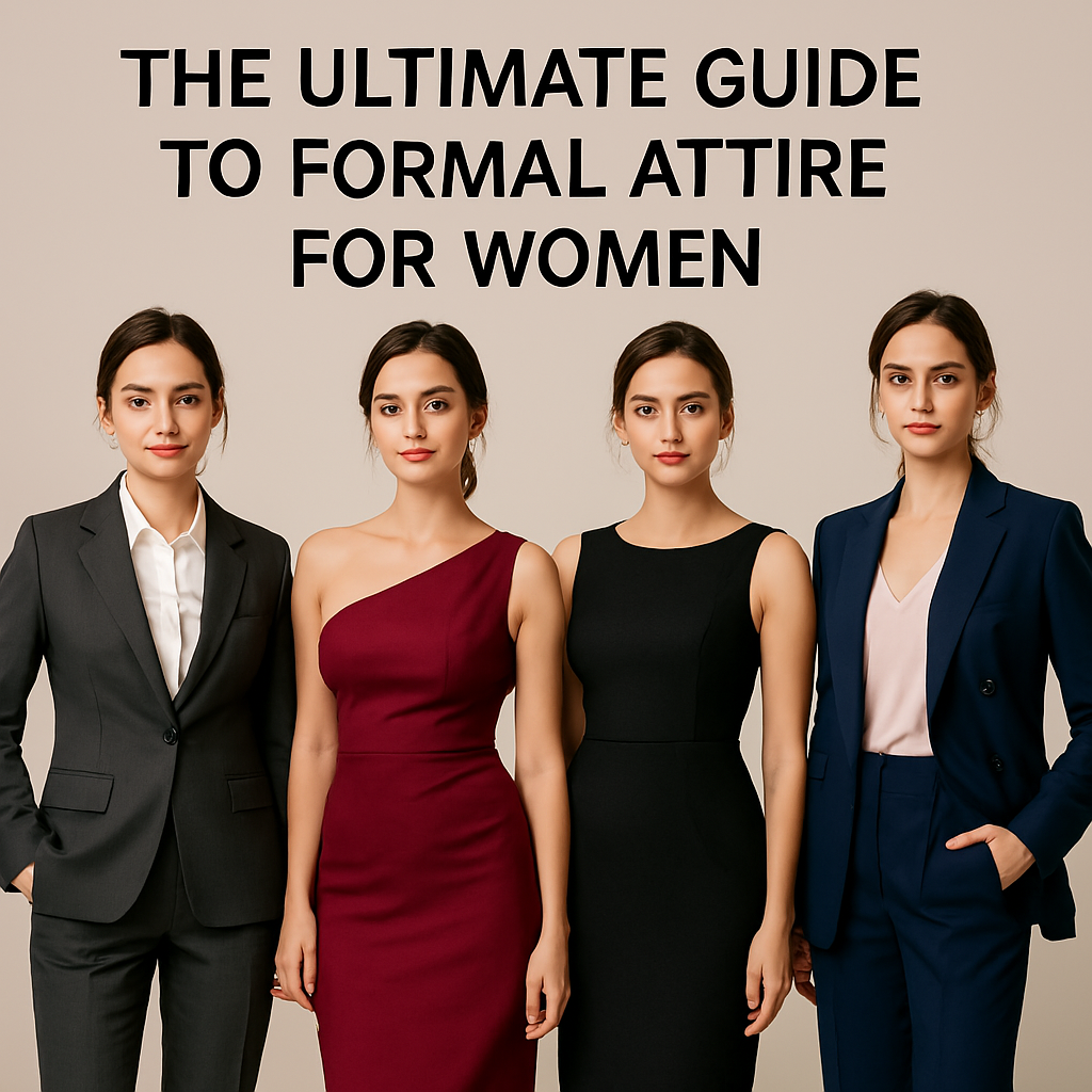 A fashionable young woman with long hair wearing elegant formal attire, including a tailored blazer and matching trousers, confidently posing against a neutral background; a modern representation of stylish formalwear for women.