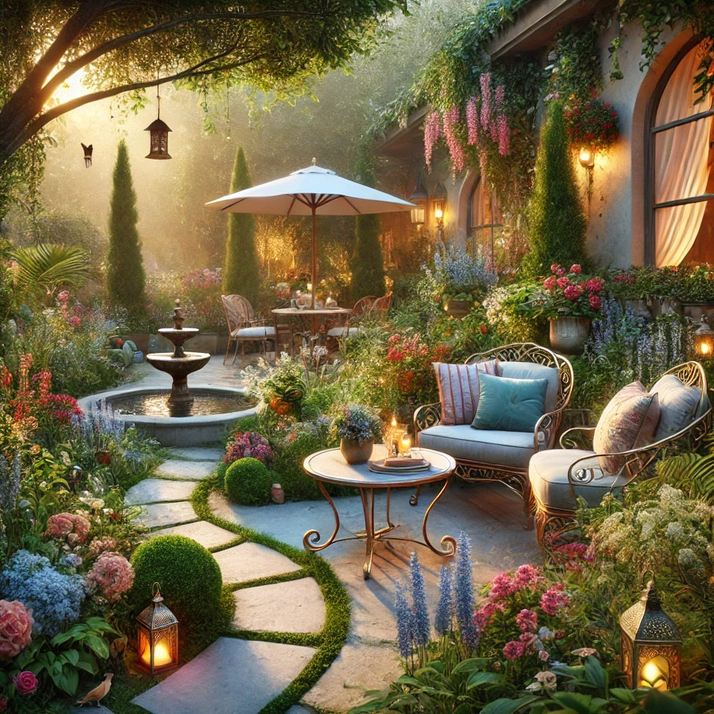 A stunning garden scene featuring a cozy seating area with elegant outdoor furniture, lush greenery, and blooming flowers in various colors. 
