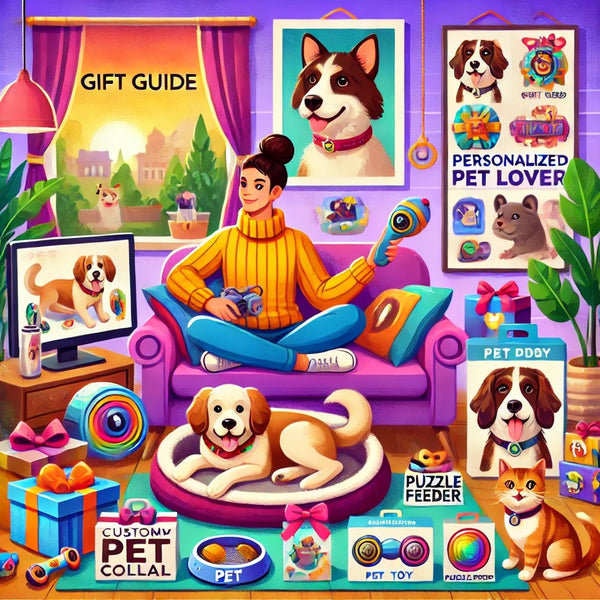 A heart-warming and vibrant illustration of a pet-themed gift guide. The scene features a cozy living room with a pet owner surrounded by various gift 