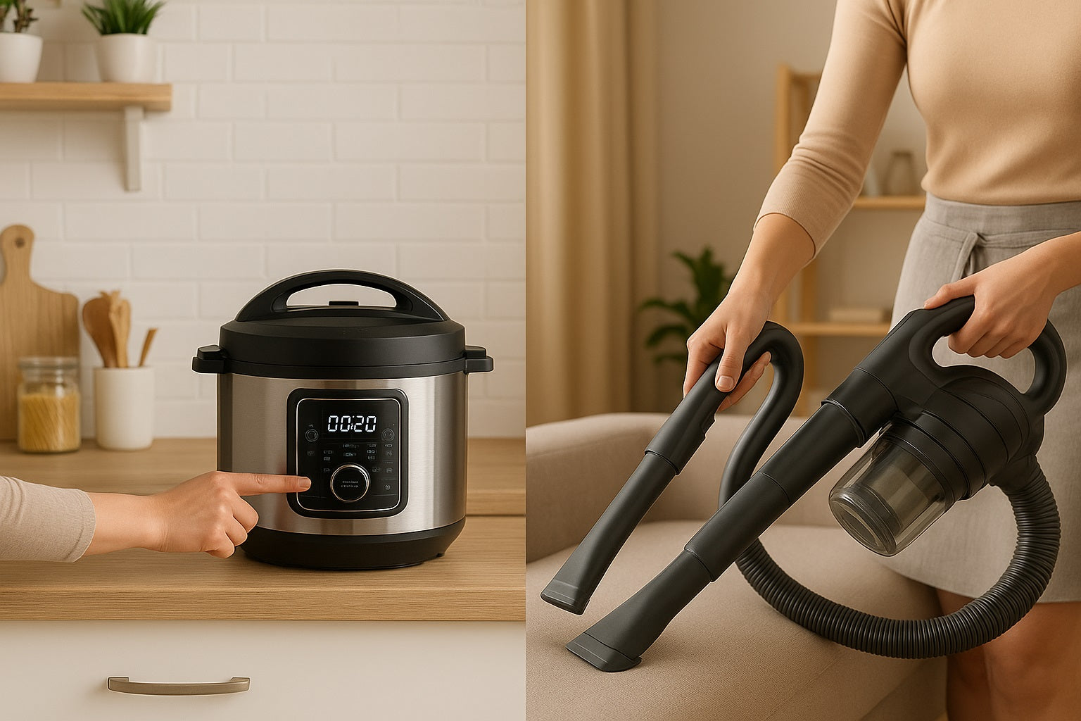 A split image showing compact multi-function appliances: on the left, a person uses a modern electric pressure cooker in a minimalist kitchen