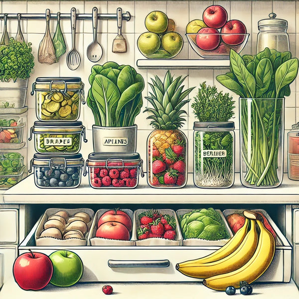 A visually appealing illustration of a kitchen counter with fresh produce stored properly. The scene includes vibrant fruits like apples and bananas, 