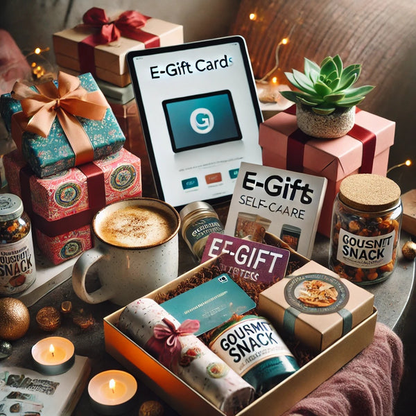 A visually captivating image of a gift table adorned with beautifully wrapped presents in vibrant colors, e-gift cards displayed on a tablet screen, a