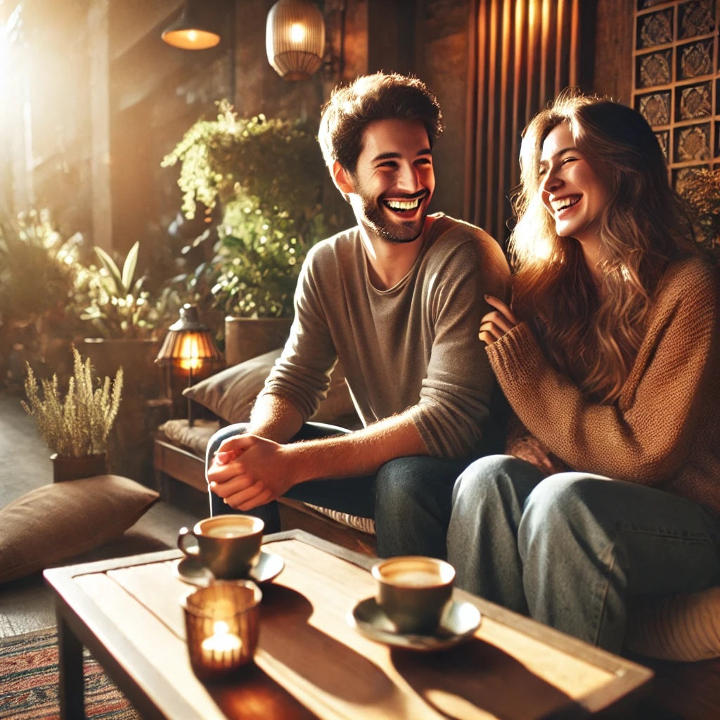 A warm, inviting scene showing two friends sitting together in a cozy outdoor café, sharing laughter and enjoying each other’s company. 