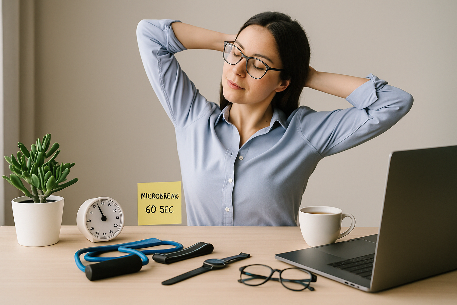Woman taking a 60-second microbreak at her desk, stretching with eyes closed beside a timer, tea, and laptop.