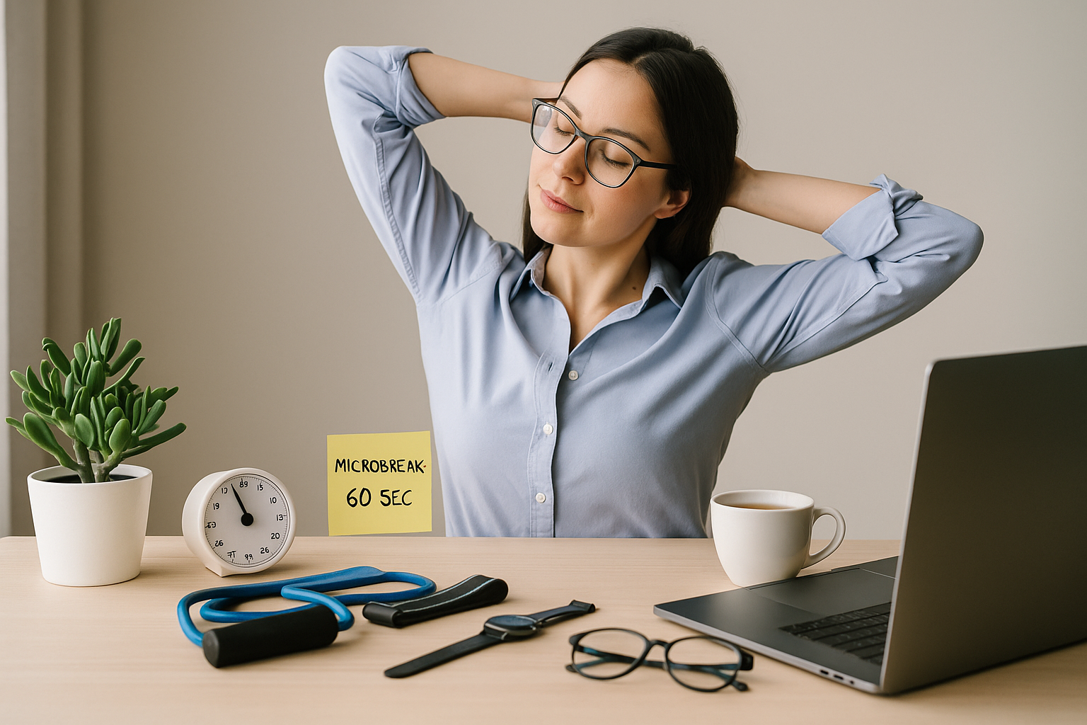 Woman taking a 60-second microbreak at her desk, stretching with eyes closed beside a timer, tea, and laptop.