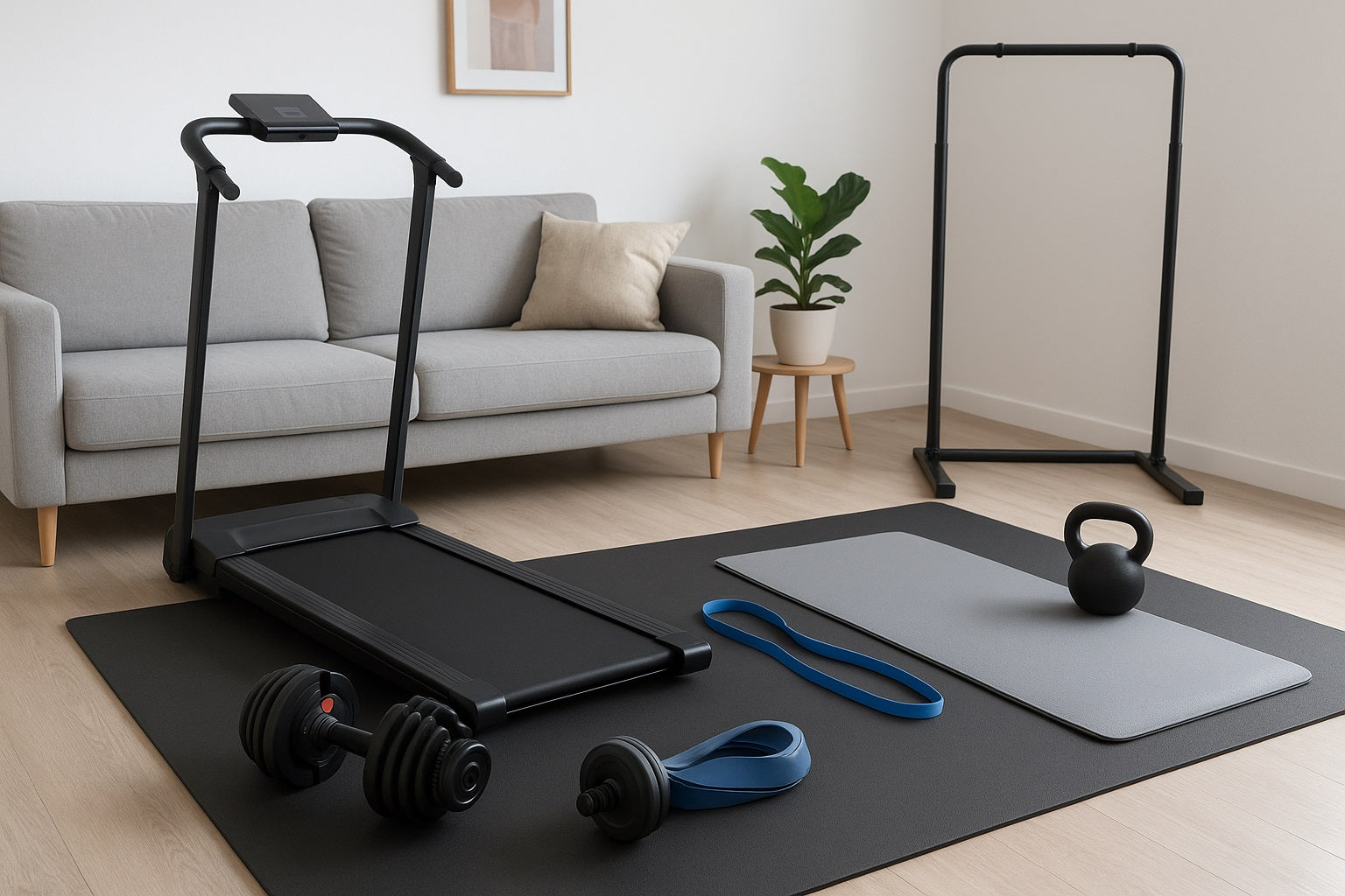 Minimalist home gym setup in a living room featuring a foldable treadmill, adjustable dumbbells