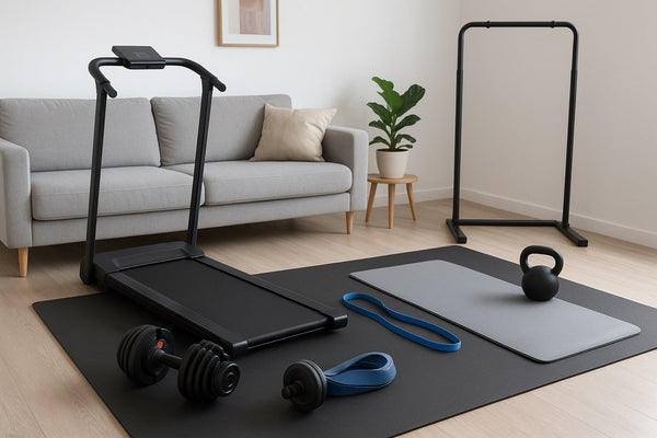 Minimalist home gym setup in a living room featuring a foldable treadmill, adjustable dumbbells