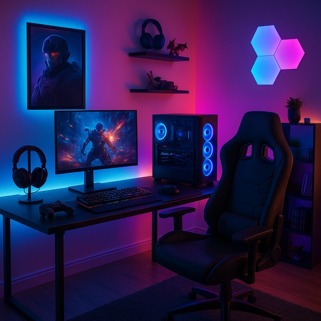 Modern gaming setup in a dimly lit room with vibrant blue, pink, and purple LED lighting, featuring a black gaming desk with a monitor displaying a sci-fi game scene