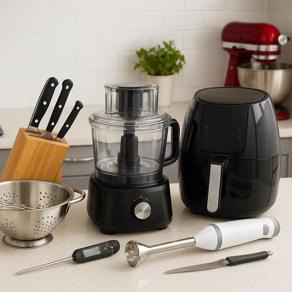 Modern kitchen countertop with various appliances and utensils, including a knife block, stainless steel colander, food processor, air fryer, digital meat thermometer,