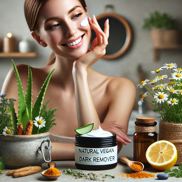 Lifelike blog header image showing a natural vegan dark spot remover with plant-based ingredients like aloe vera and turmeric, displayed alongside a smiling woman with clear, glowing skin, highlighting the benefits of clean, cruelty-free skincare.