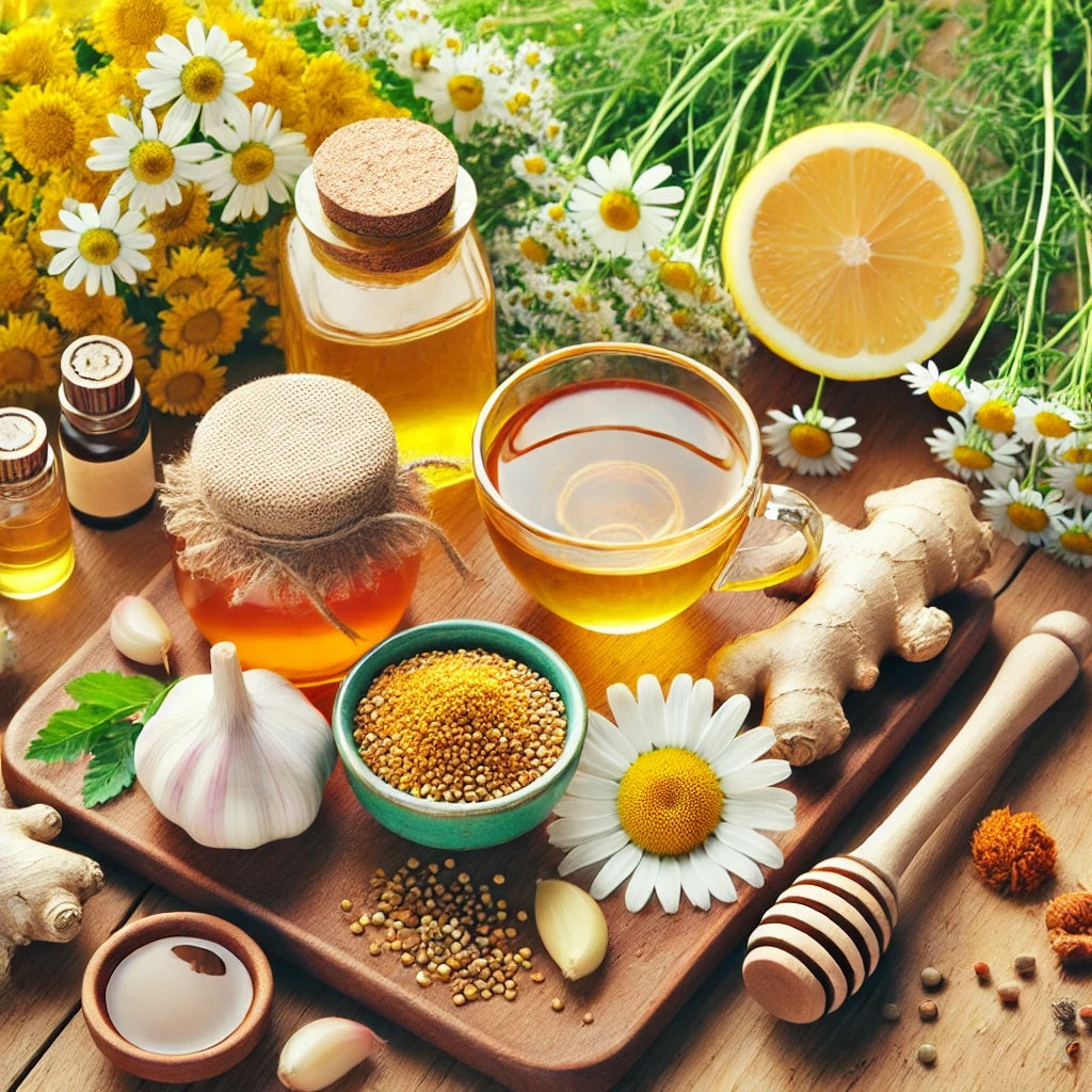 A vibrant photo representing natural remedies for common ailments. The image features a variety of fresh natural ingredients like honey, ginger, 